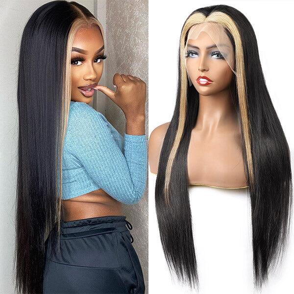 Skunk Stripe Highlight Black and Honey Blonde 613 Color 13x4 Transparent Lace Frontal Long Human Hair Wig