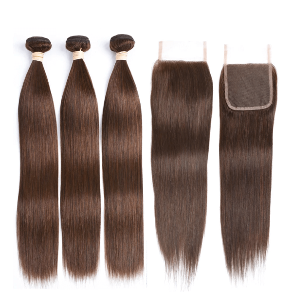 Dark Brown #4 Color 12A 3Bundles With Free Part 4x4 Human Hair Lace Closure Free Shipping