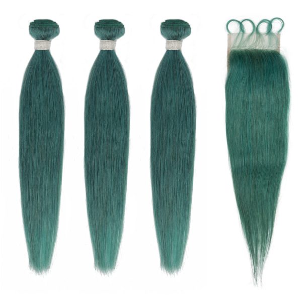 Human Hair 3 Bundles with Closure Straight Hair Weave Jade Green Color