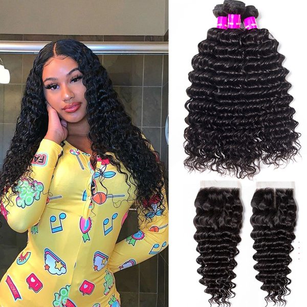 Deep Wave Hair Bundles With Closure 3 Bundles With 4x4 HD Lace Closure