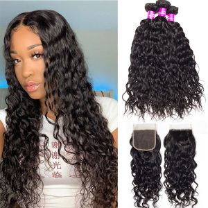 3 Bundles With Closure Water Wave Human Hair Weave Bundles With HD Lace Closure