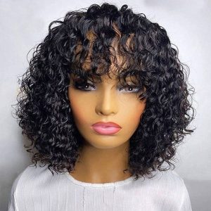 Glueless Water Wave Curls Wigs With Bang | Machine Made Bob Wig