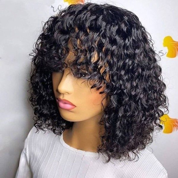 Glueless Water Wave Curls Wigs With Bang | Machine Made Bob Wig