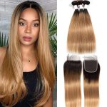 3 Bundles 1B/27 Color With Closure Ombre Straight Hair Weaves With Remy Human Hair Closure