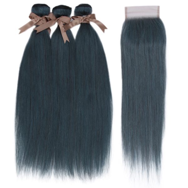 Human Hair 3 Bundles with Closure Straight Hair Weave Ink Blue Jade Shade Dark Green  Color