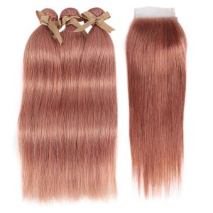 Straight Bundles With Closure Remy Human Hair Weave 3 bundles with 4*4 Lace Closure Pink Color