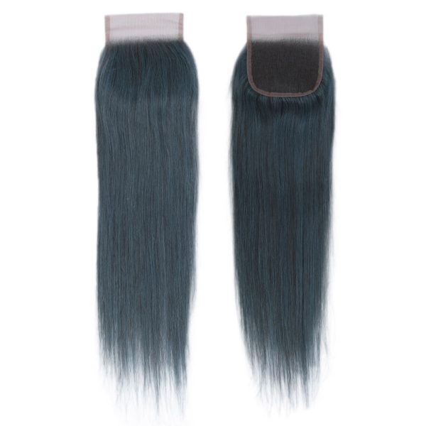 Human Hair 3 Bundles with Closure Straight Hair Weave Ink Blue Jade Shade Dark Green  Color