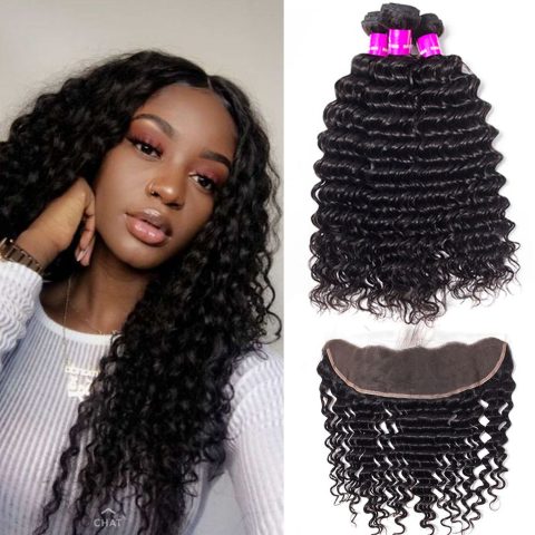 Deep Wave Human Hair Bundles With HD Lace Frontal 3 Bundles Deep Wave With Frontal