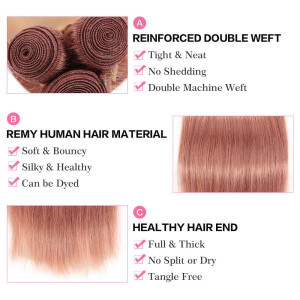 Pink Straight Weave Bundles Remy Human Hair Extensions 3 pieces Soft and Bouncy