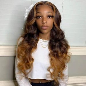 T2/27 Body Wave Ombre HD Lace Front Wigs Bangs with Highlights