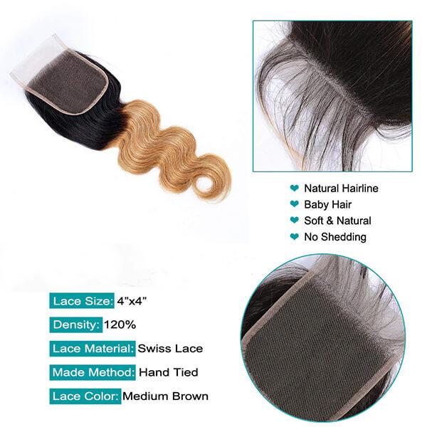 3 Bundles 1B/27 Color With Closure Ombre Straight Hair Weaves With Remy Human Hair Closure