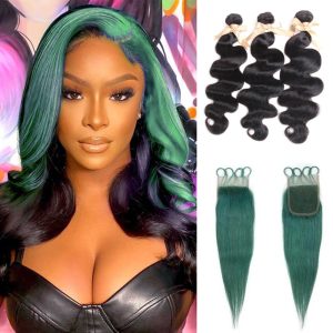 3 Bundles with Closure Virgin Human Hair Weave Jade Green Closure And Black Hair Bundles Skunk Stripe Human Hair