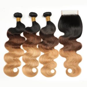 12A Body Wave Hair Ombre 1B/4/27 3Bundles With Free Part Closure
