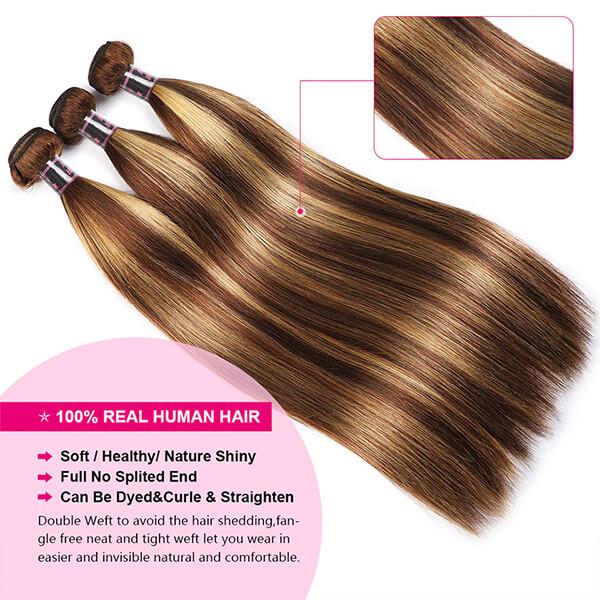 Highlight Ombre Brown Straight Hair 3 Bundles Remy Human Hair Extensions