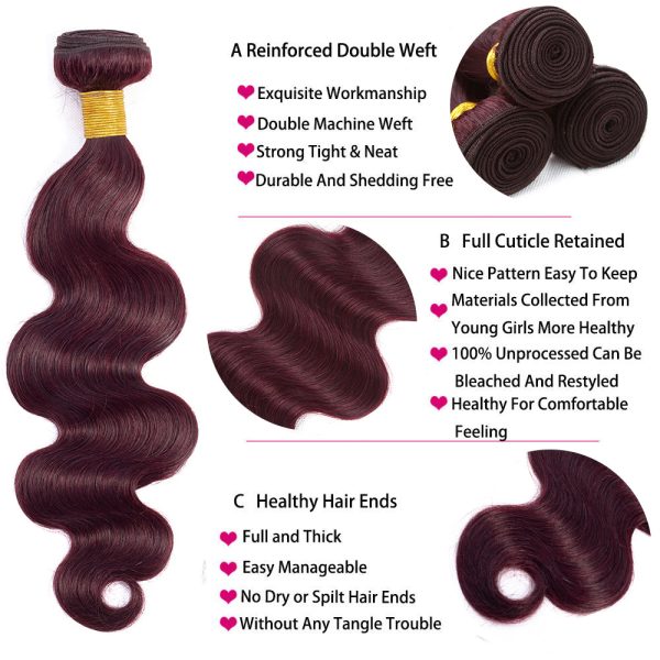 Body Wave Bundles With Closure Remy Brazilian Human Hair Burgundy 99J Dyed 3 Bundles With 4x4 Closure