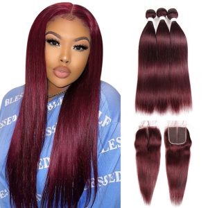 Remy Human Hair Bundles With Closure Straight Hair Burgundy Remy Peruvian Dyed 3 Bundles With Frontal 4x4 Brazilian Human Hair 99J