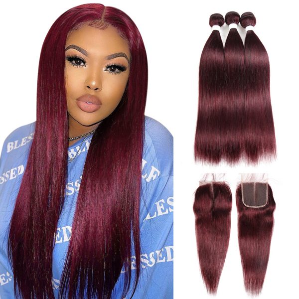 Remy Human Hair Bundles With Closure Straight Hair Burgundy Remy Peruvian Dyed 3 Bundles With Frontal 4x4 Brazilian Human Hair 99J