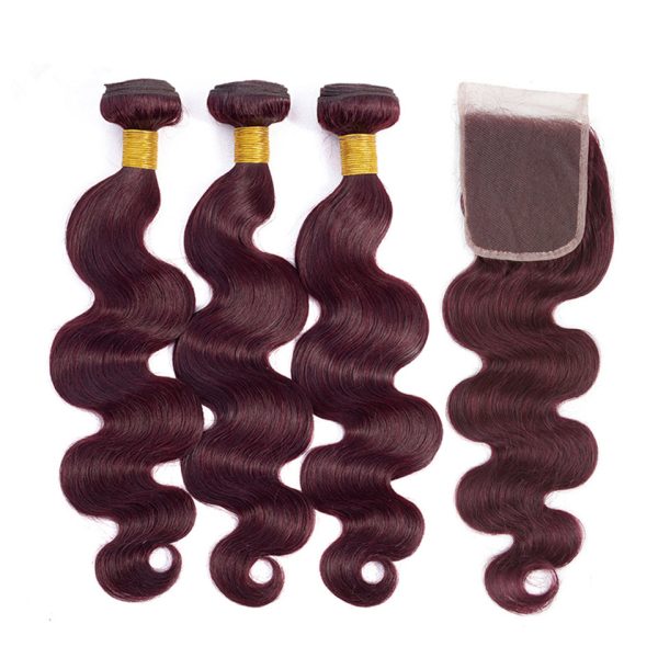 Body Wave Bundles With Closure Remy Brazilian Human Hair Burgundy 99J Dyed 3 Bundles With 4x4 Closure