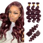 Body Wave Bundles With Closure Remy Brazilian Human Hair Burgundy 99J Dyed 3 Bundles With 4x4 Closure