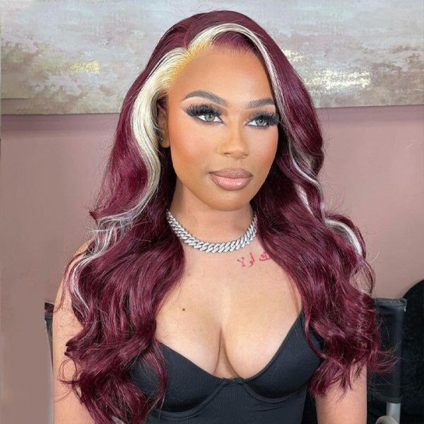 Highlight Blonde 613 & Red Wine 99j Burgundy Skunk Stripe Color 13x4 13X6 Lace Front Wig Can Be Part Anyway