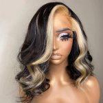 Short Style Wave Bob Blonde Skunk Stripe New Highlight Blonde Color 13X4 Transparent Lace Frontal Wig