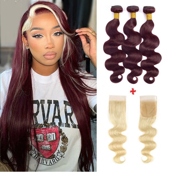 Skunk Stripe Human Hair 3 Bundles with Closure Blonde Closure And 99J Hair Bundles Style Virgin Human Hair Weave