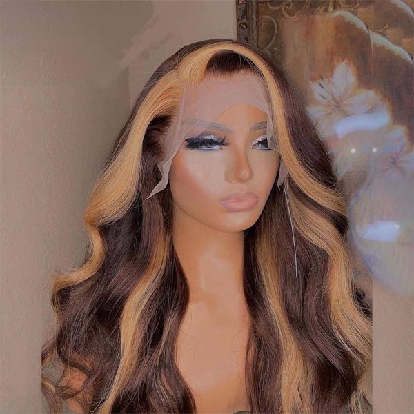 Highlight 5x5 HD Lace Wig Skunk Stripe Brown Hair With Blonde Hair In Front