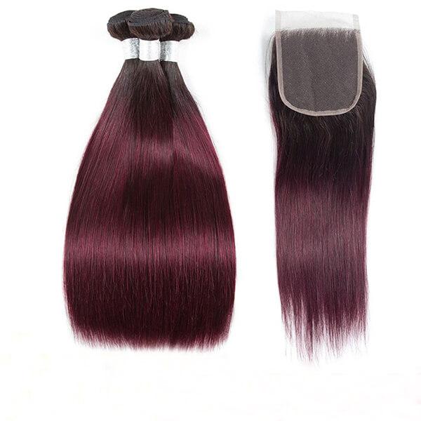 1b/99j Brazilian Human Hair Bundles with Free Part Closure Remy Human Hair Weaves Bundles with 4x4 Lace Closure