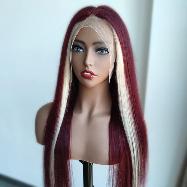 Highlight Blonde 613 & Red Wine 99j Burgundy Skunk Stripe Color 13x4 13X6 Lace Front Wig Can Be Part Anyway