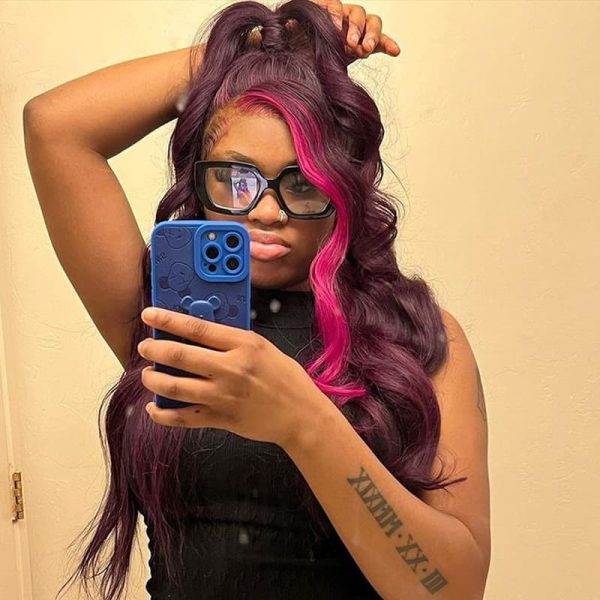 Upgrade 210% Density Purple Money Piece Wig Human Hair 99j Color Hair With Pink Streak Side Part Highlight Wigs