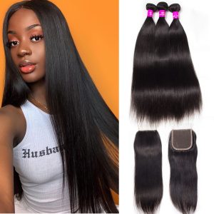 Straight Human Hair 3 Bundles With 4x4 HD Lace Closure