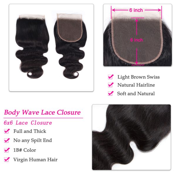 Body Wave 6x6 Lace Closure Human Hair Closure