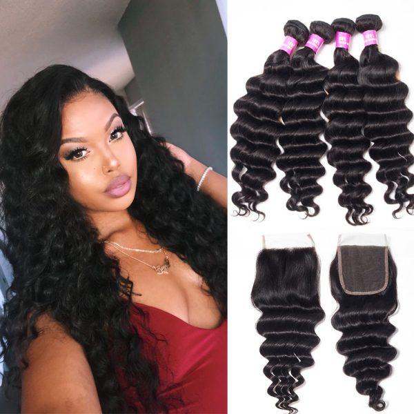 Brazilian Loose Deep Virgin Hair 4 Bundles With 4x4 HD Lace Closure