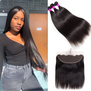 Straight Human Hair 13x4 HD Lace Frontal With 3 Bundles Silk Straight With Frontal