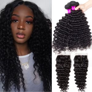 Deep Wave 4 Bundles With 4x4 HD Lace Closure High Quality Brazilian Virgin Hair With Closure