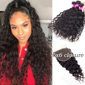 3 Bundles Brazilian Water Wave Virgin Hair With 6x6 HD Lace Closure