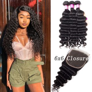 3 Bundles Brazilian Loose Deep Virgin Hair With 6x6 HD Lace Closure