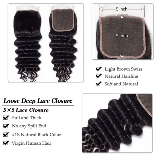 Loose Deep 3 Bundles With 5*5 HD Lace Closure Brazilian Virgin Human Hair Deals