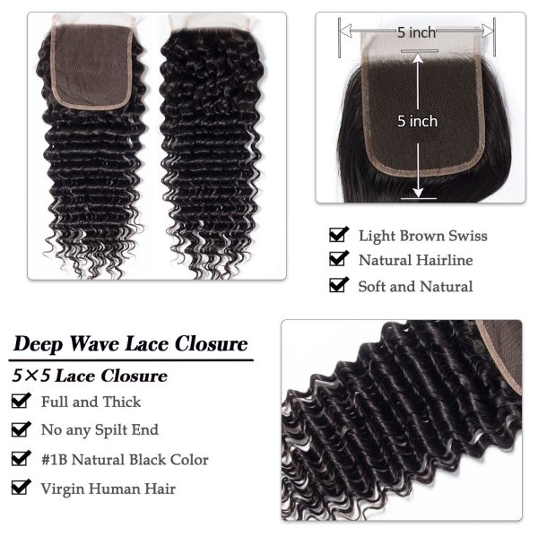 Deep Wave 3 Bundles With 5X5 HD Lace Closure Brazilian Virgin Human Hair Deals