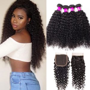 Curly 4 Bundles With 4x4 HD Lace Closure High Quality Brazilian Virgin Hair With Closure