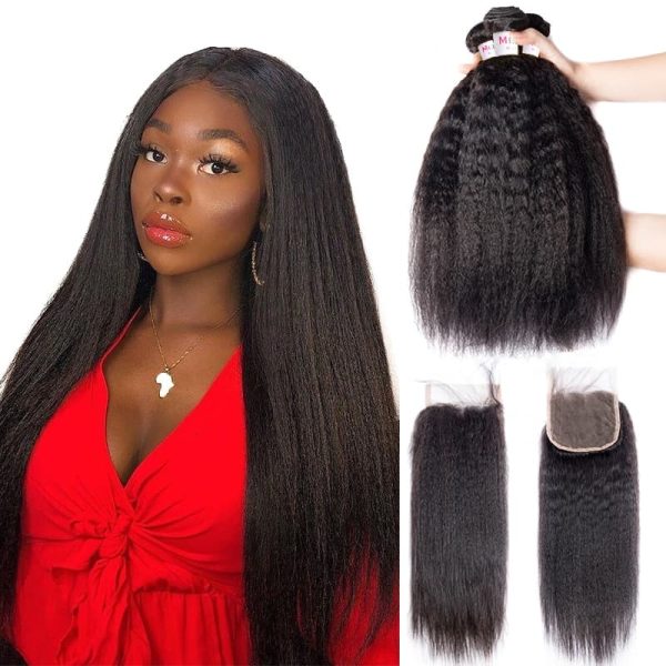 Yaki Straight Virgin Brazilian Hair Unprocessed 4 Bundles Human Hair With 4x4 Transparent Lace Closure