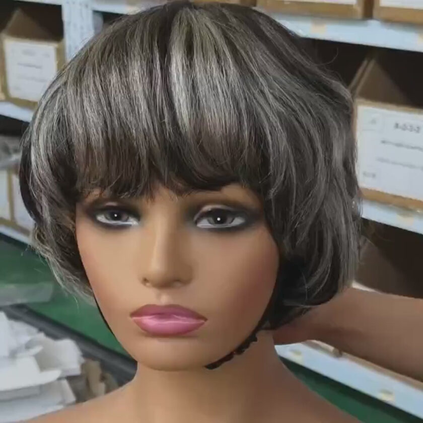 Custom Bob Wig For Mom Black And White Mix Color Short Wavy Hair Glueless Human Wigs With Bangs - Image 2
