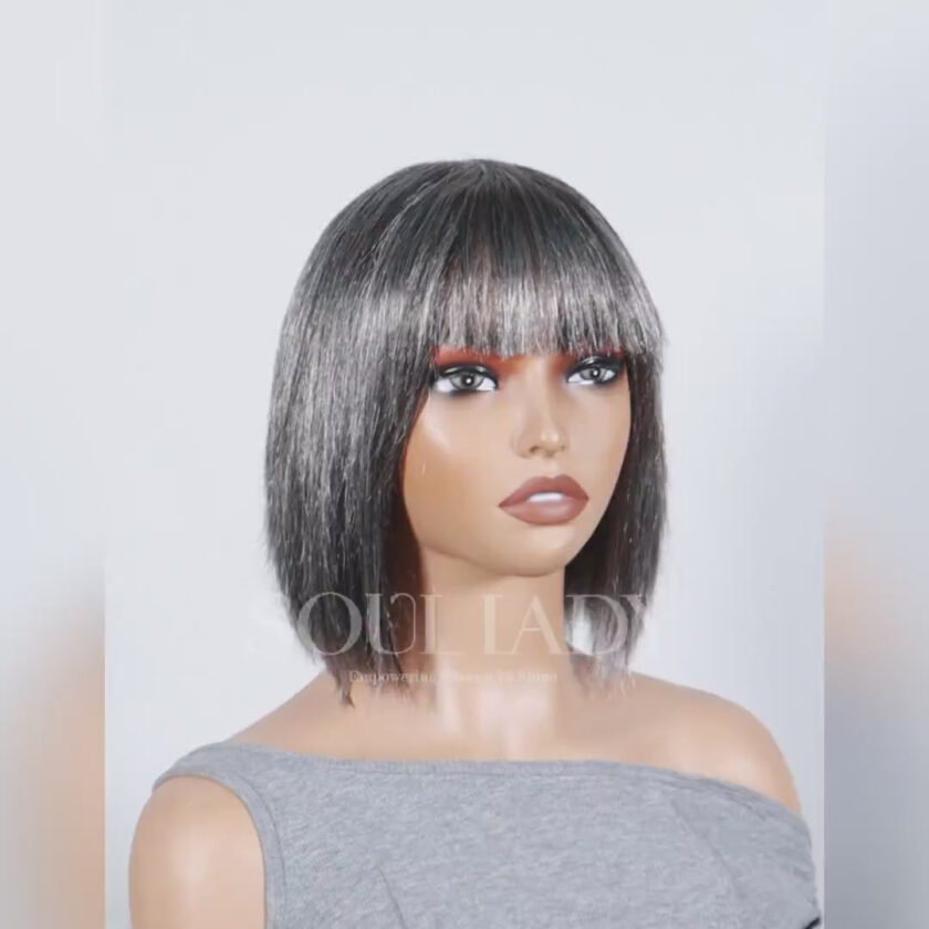 Chic Salt & Pepper Straight Bob Wig With Bangs Real Human Hair Glueless Wigs For Seniors - Image 5