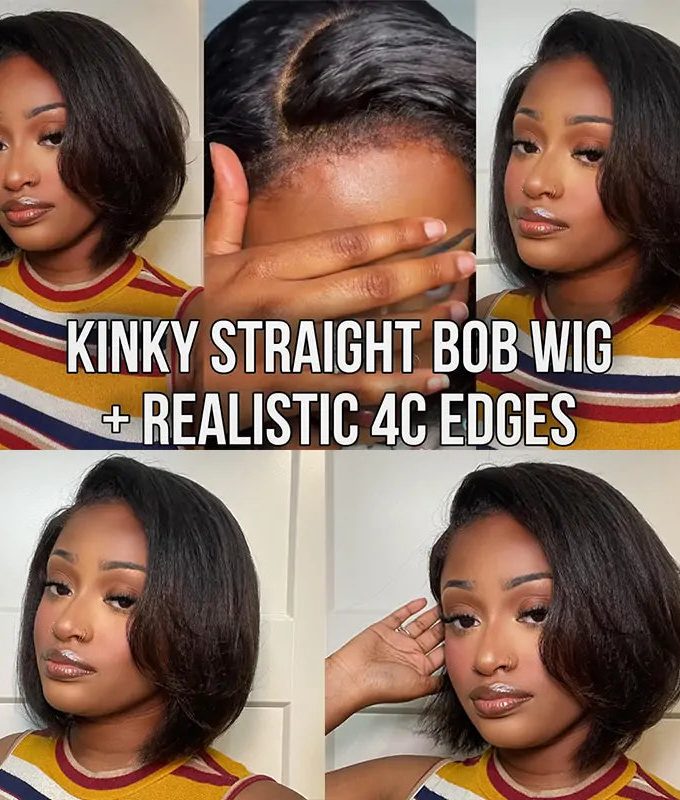 Flash Sale | Type 4C Hairline Kinky Straight Bob Wig With Kinky Edges 5x5 HD Lace Human Hair Wigs Full Density