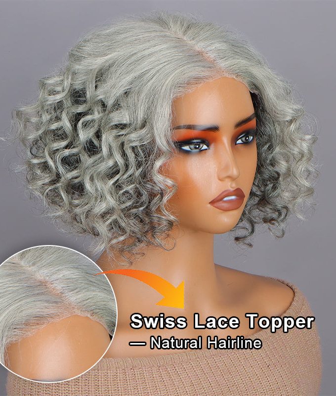 Salt And Pepper Hair Topper 5"x5" Swiss Lace Closure Bouncy Curly Hair Top Hair Pieces