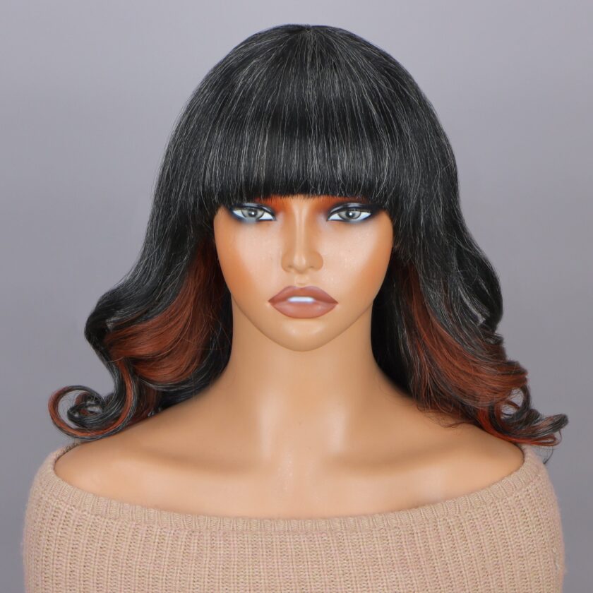 9x6 Glueless Human Hair Wigs With Bangs Reddish Brown Peekaboo Highlight Loose Body Wave for Black Women