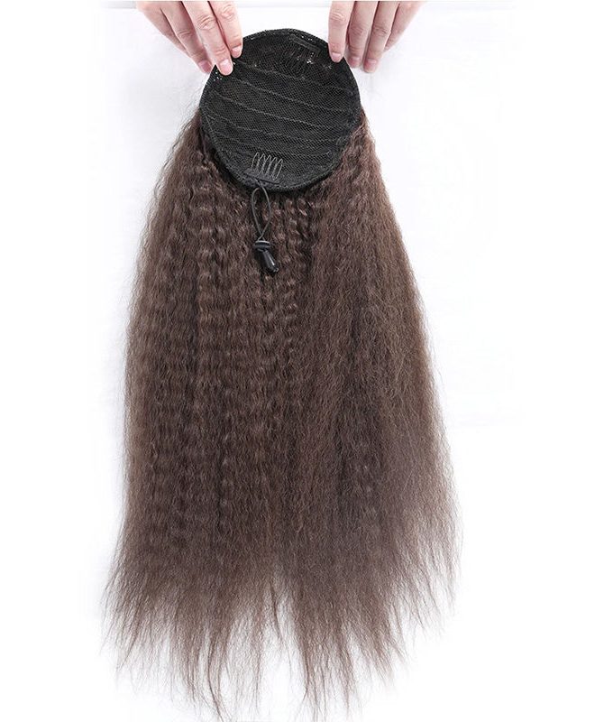 Brownish Grey Yaki Straight Drawstring Ponytail Hair Human Hair Extensions