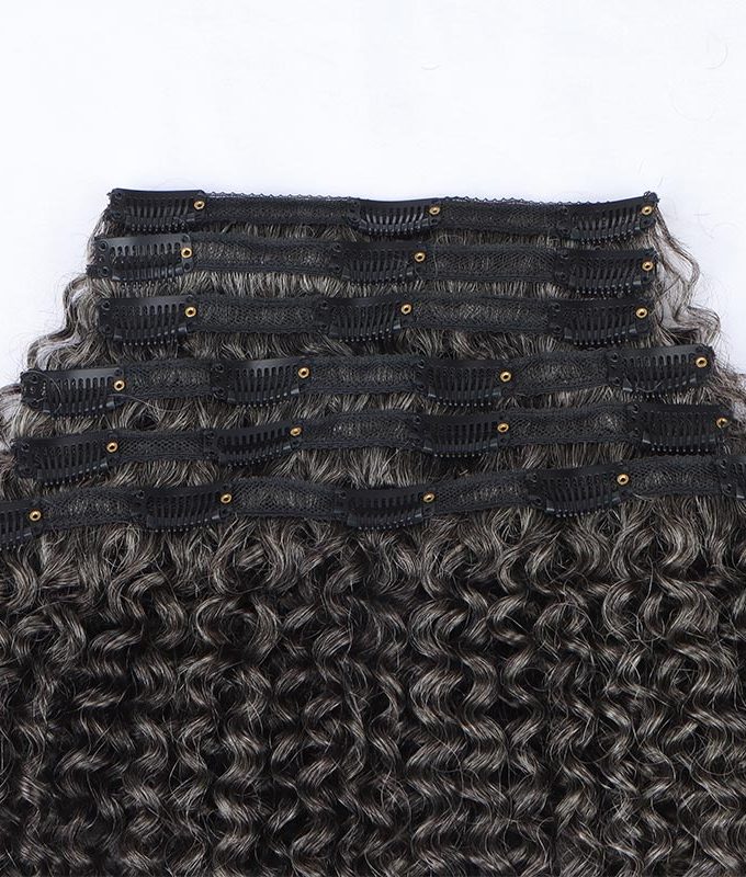 Medium Salt & Pepper Jerry Curly/Kinky Curly Clip In Human Hair Extensions 6 Pieces/Set Dark Grey