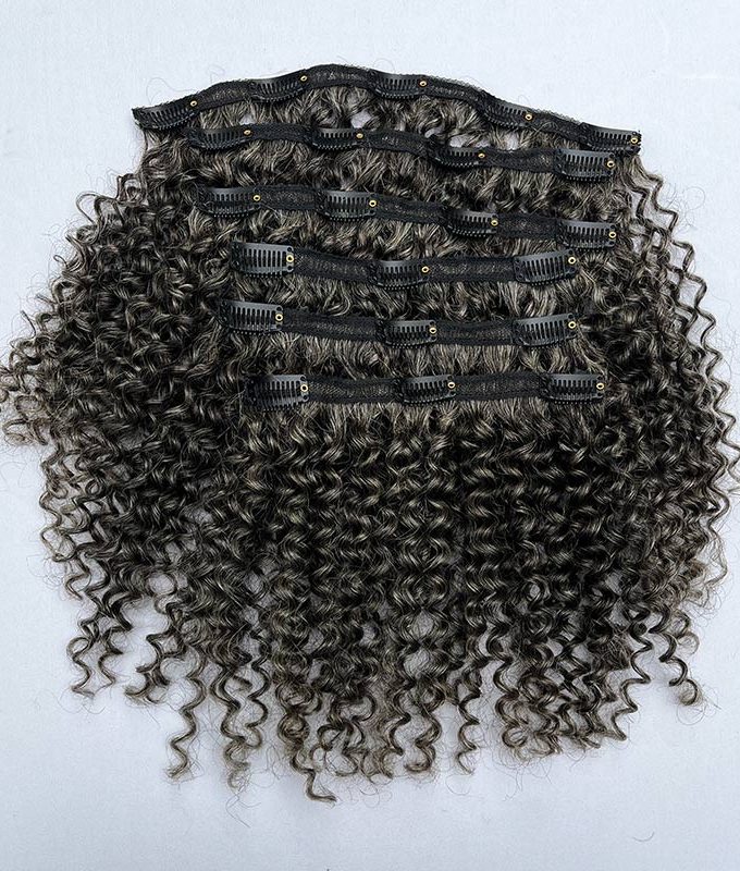 Medium Salt & Pepper Jerry Curly/Kinky Curly Clip In Human Hair Extensions 6 Pieces/Set Dark Grey