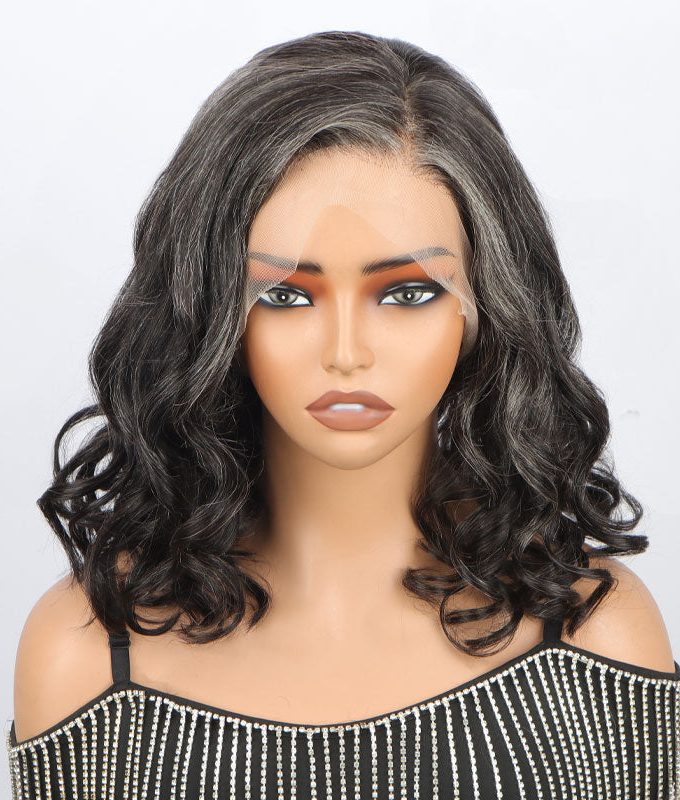 Seniors Dark Salt & Pepper Full Lace Bob Wigs Loose Wave Lob Human Hair Part Anywhere High Breathable Cap Wig